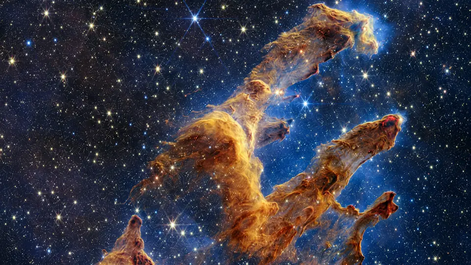 创生之柱的气体尘埃与密集星群，基于 NASA 韦伯影像的 AI 构图处理