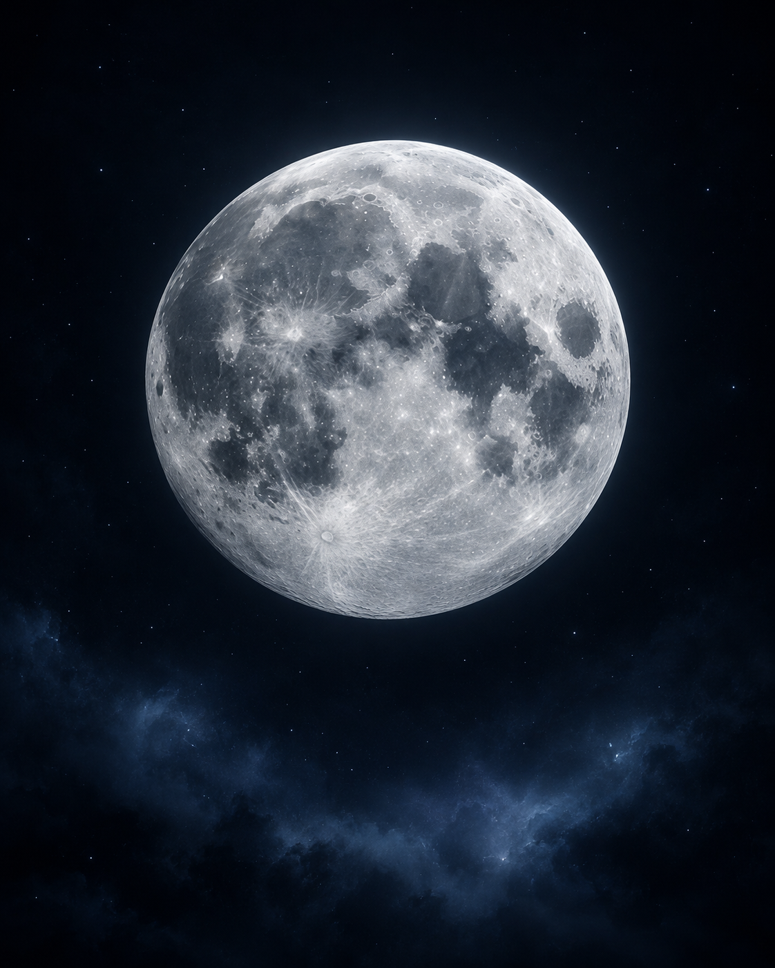 午夜蓝天空中的银白色月亮